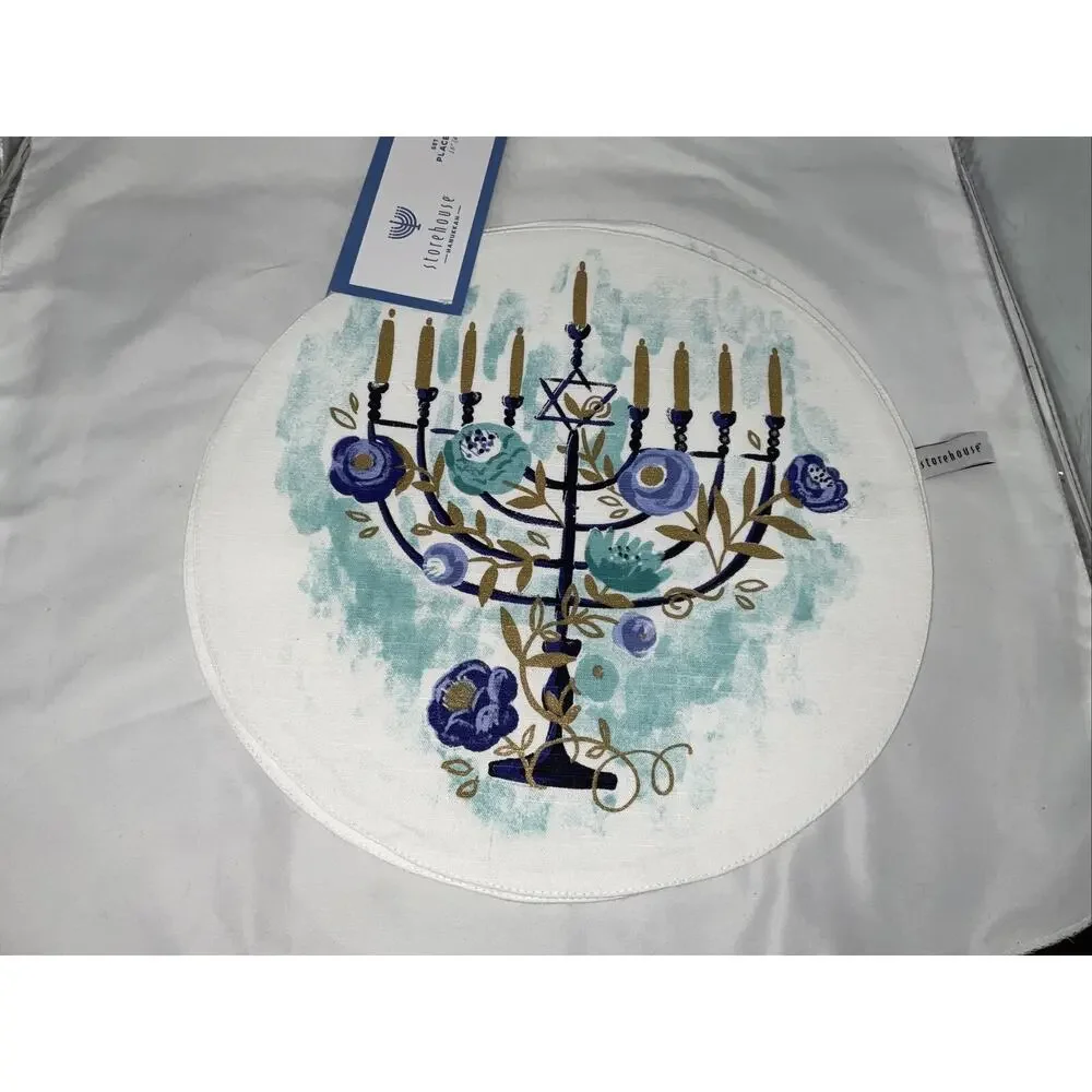 NEW HANUKKAH CIRCLE PLACEMATS STAR OF DAVID MENORAH BLUE WHITE FLOWERS SET/4